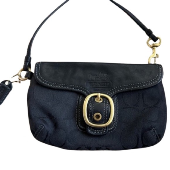Coach Black Wristlet with Gold Buckle and Tattersall print interior